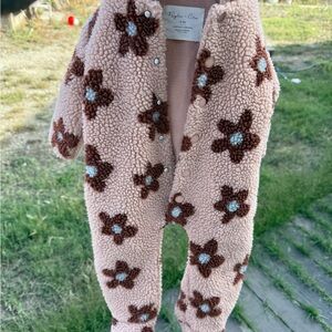 Rylee + Cru Floral Puff Sherpa Bodysuit in Cream and Brown